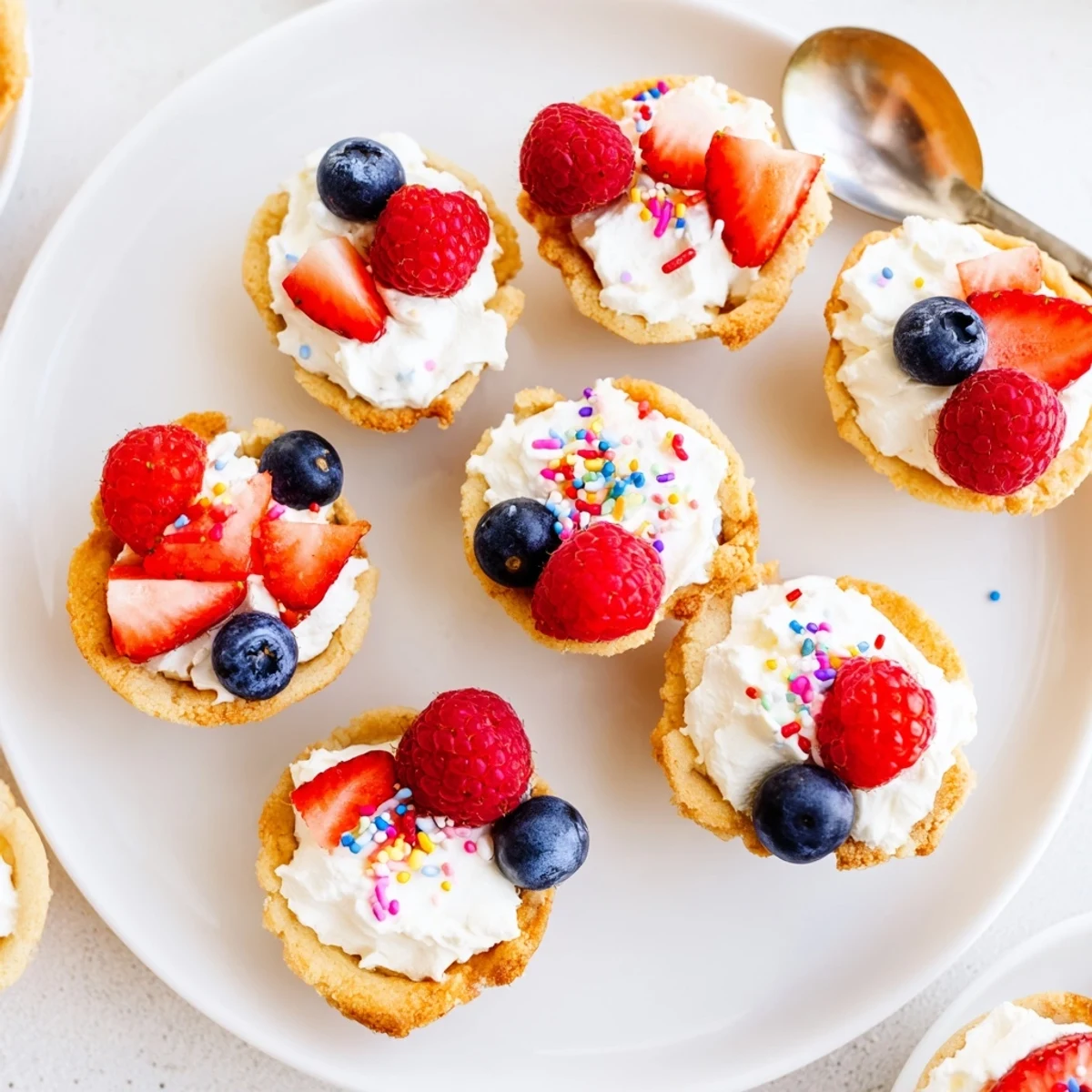 Freshly baked Sugar Cookie Cups sit in a muffin tin with golden edges, waiting to be filled with whipped vanilla cream and fresh berries.