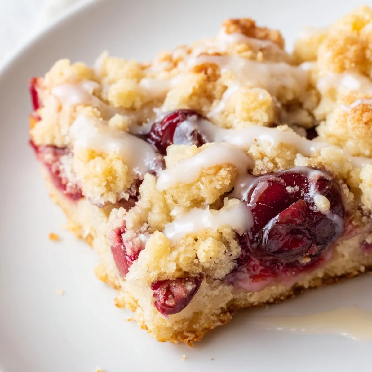 Golden bars of Easy Cherry Pie Bars with a shiny vanilla glaze, showing bubbly red cherry filling peeking through a buttery crust.