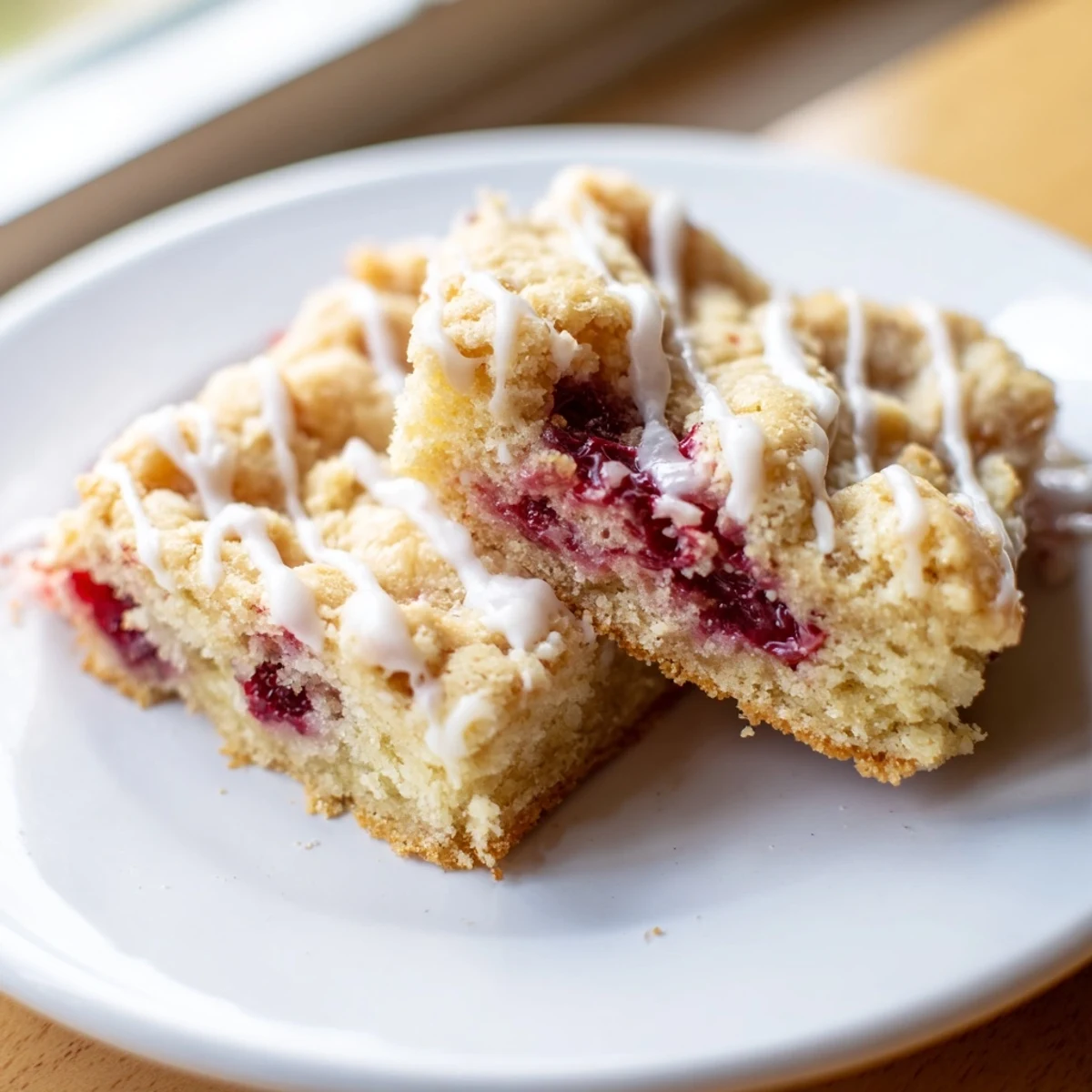 Close-up of Easy Cherry Pie Bars with crumbly texture, generous cherry filling, and a drizzle of glaze on a marble counter.