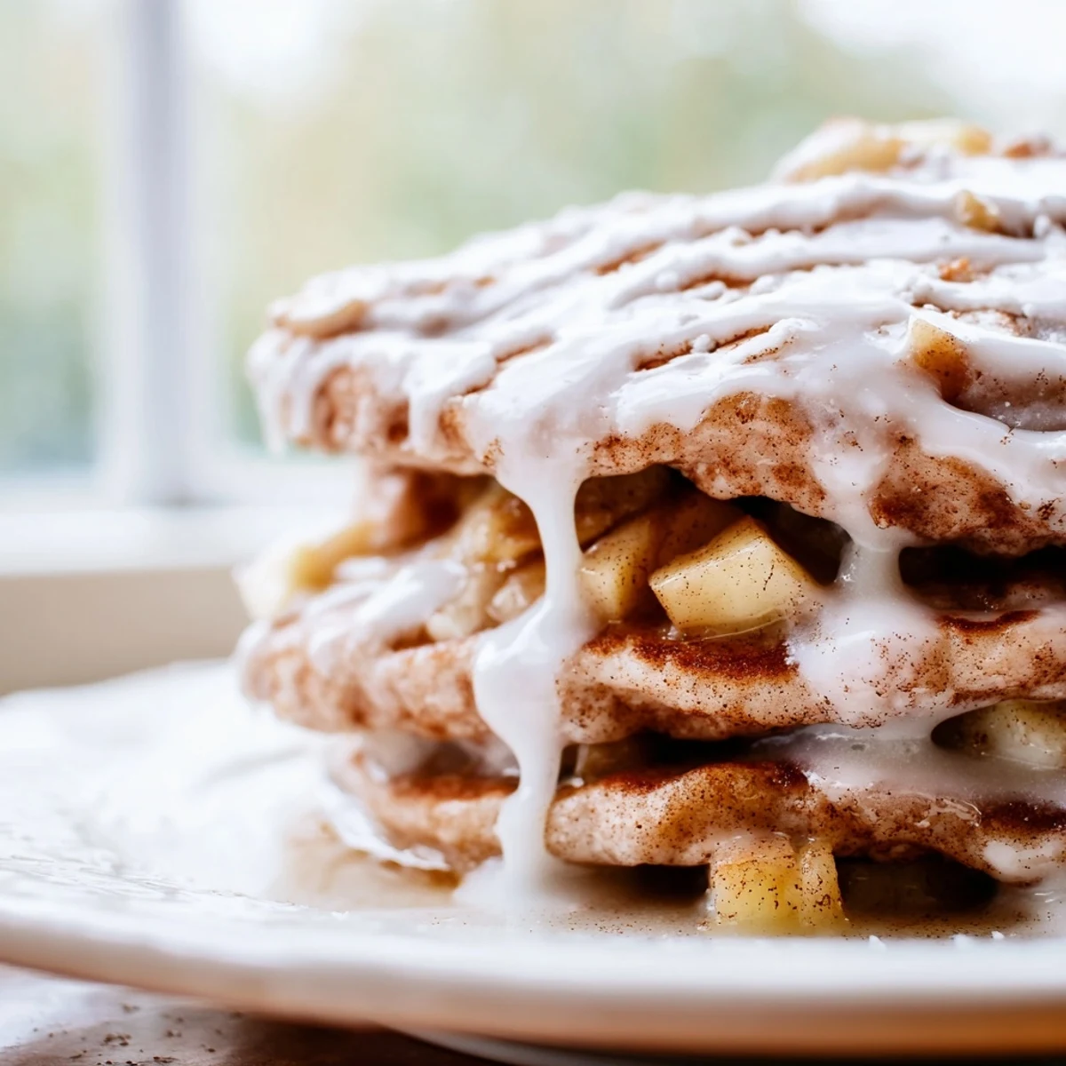 Stack of Apple Fritter Pancakes topped with sweet glaze and powdered sugar on a rustic breakfast plate.