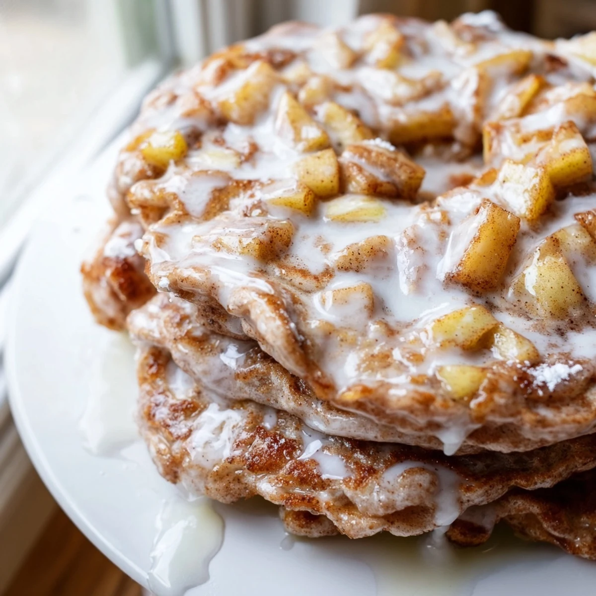 Golden Apple Fritter Pancakes drizzled with glaze, served with maple syrup and fresh apple slices.