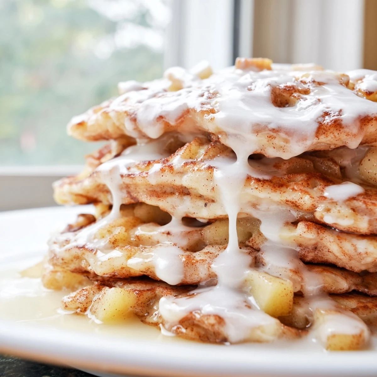 A close-up of Apple Fritter Pancakes with tender apple chunks and warm cinnamon spices visible.