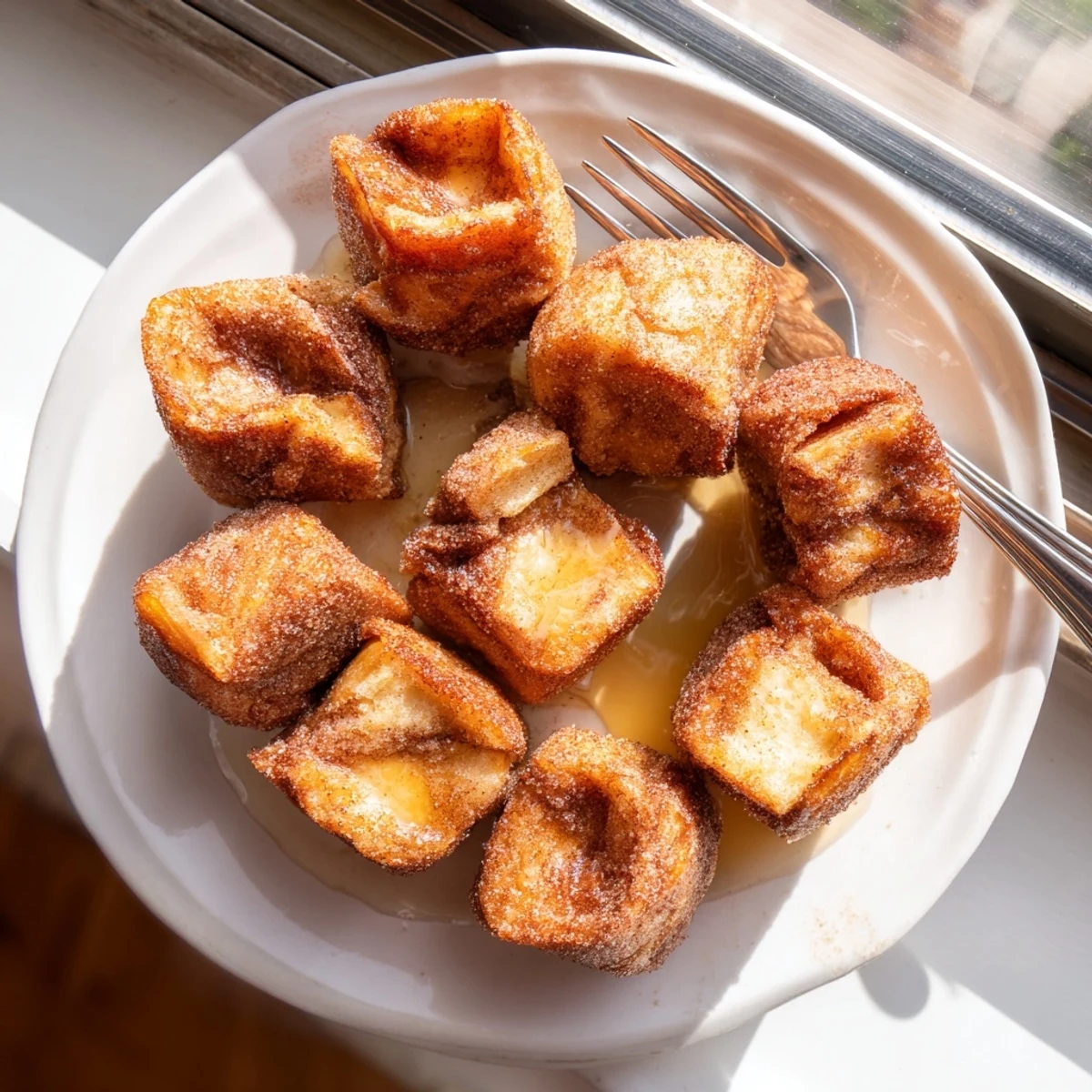 Golden-brown Cinnamon Sugar French Toast Muffins sit on a white plate, dusted with sparkling sugar and drizzled with maple syrup.