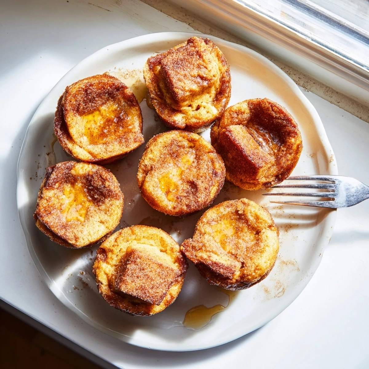 A close-up of a Cinnamon Sugar French Toast Muffin broken open to reveal its tender crumb, resting beside a bowl of fresh berries.