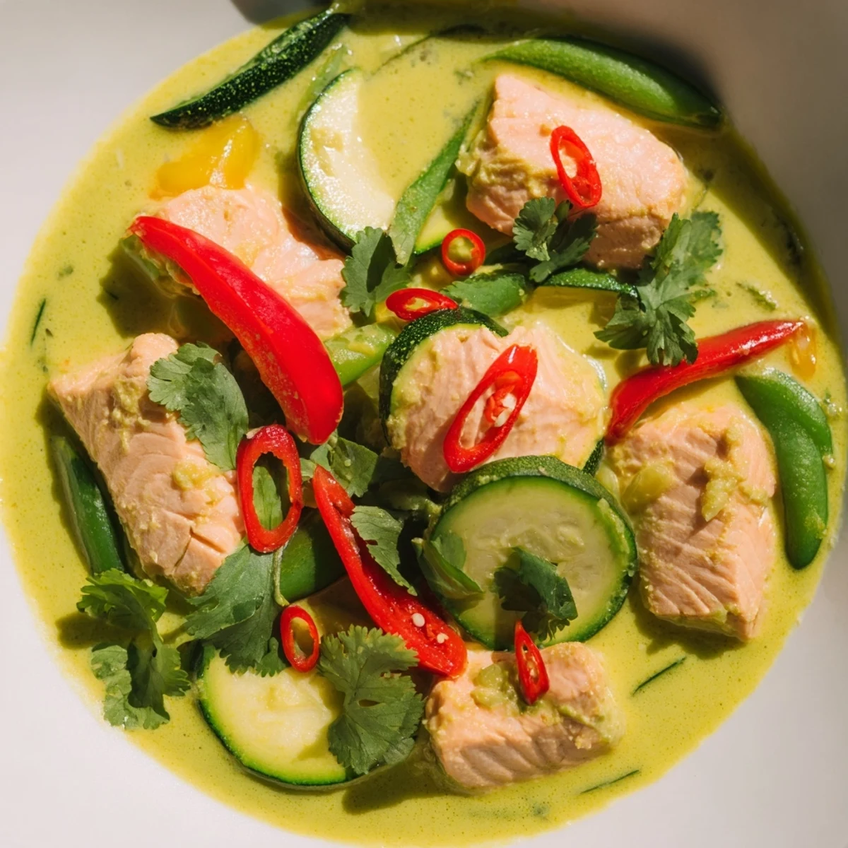 Two tender salmon fillets bathed in a fragrant green Thai curry sauce with vibrant zucchini and bell peppers.