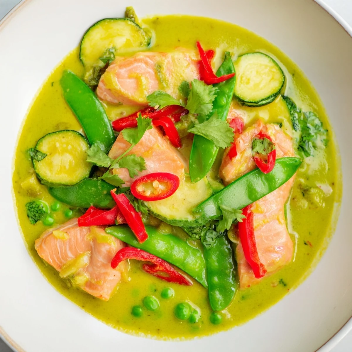 A close-up of flaky, simmered green Thai curry salmon with red bell peppers and sugar snap peas.