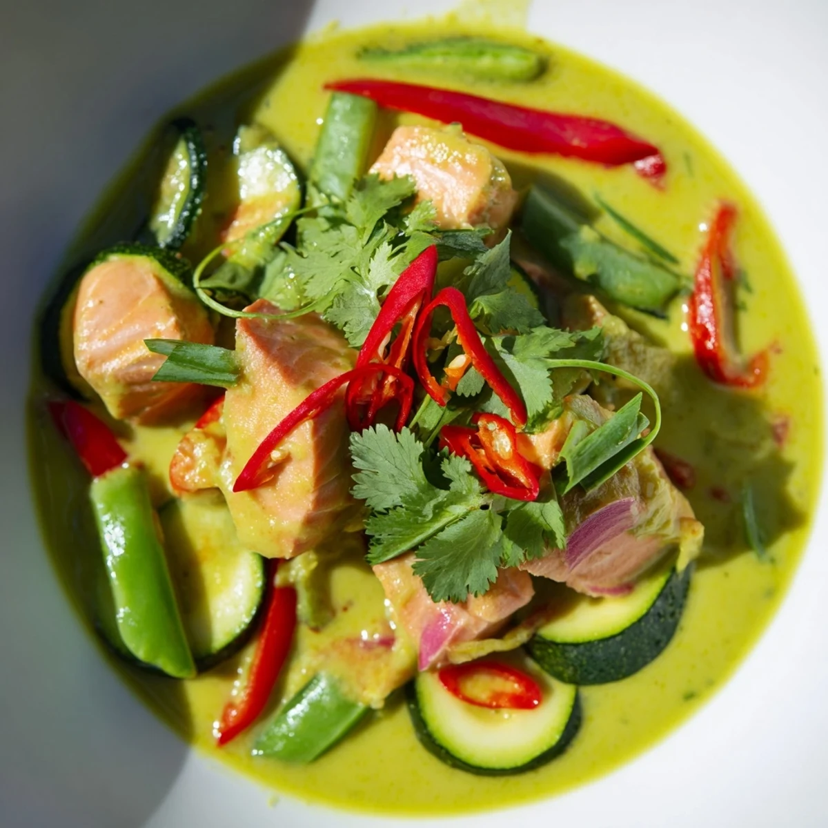 Creamy coconut green Thai curry salmon garnished with cilantro and lime wedges served over fluffy jasmine rice.