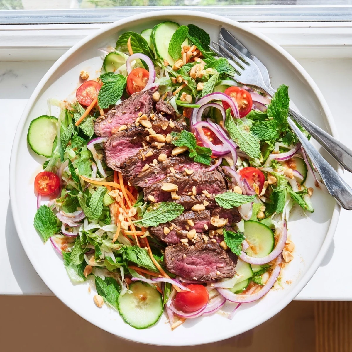 A close-up of Vietnamese Beef and Watercress Salad with juicy beef slices, crisp greens, and chopped peanuts.