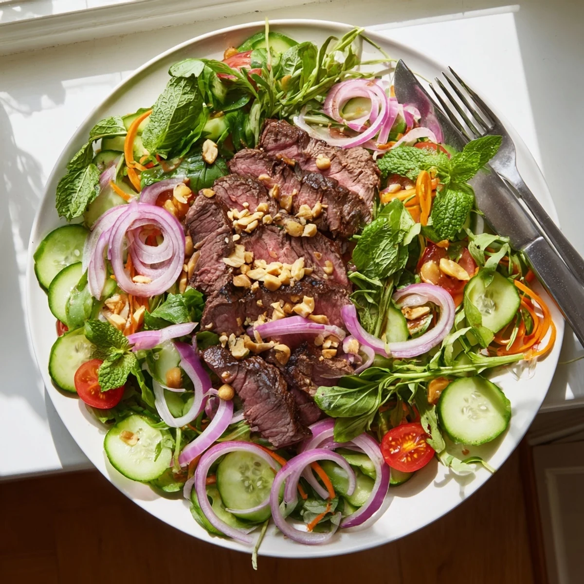 Bright Vietnamese Beef and Watercress Salad served in a white bowl with cucumber, tomatoes, and fresh herbs.
