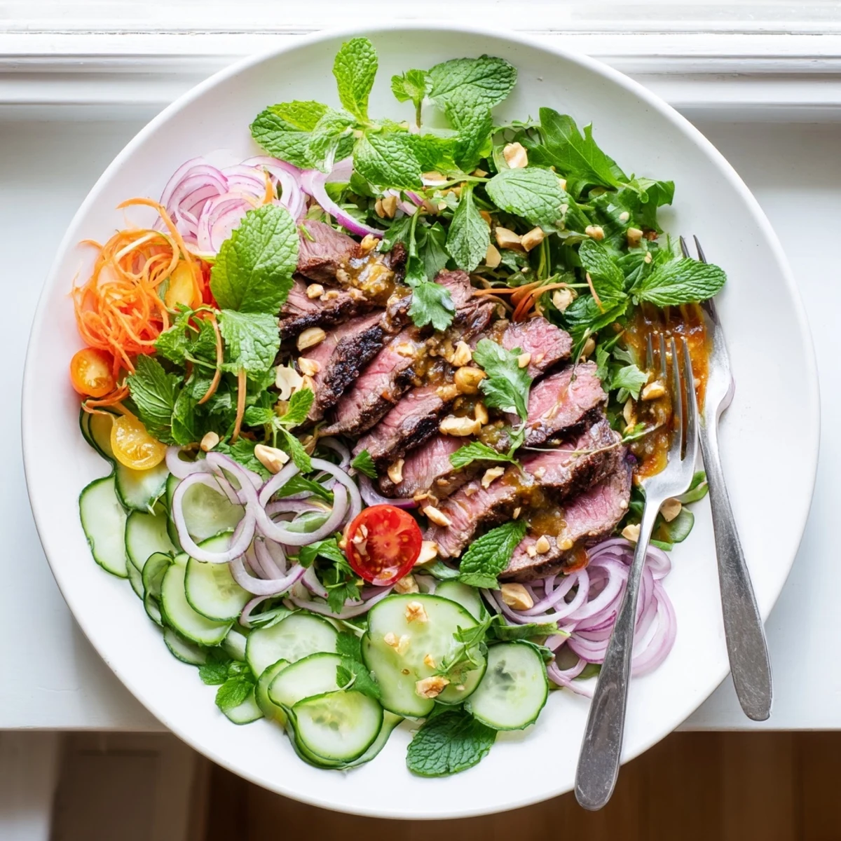 Overhead view of vibrant Vietnamese Beef and Watercress Salad tossed with tangy lime dressing and colorful vegetables.