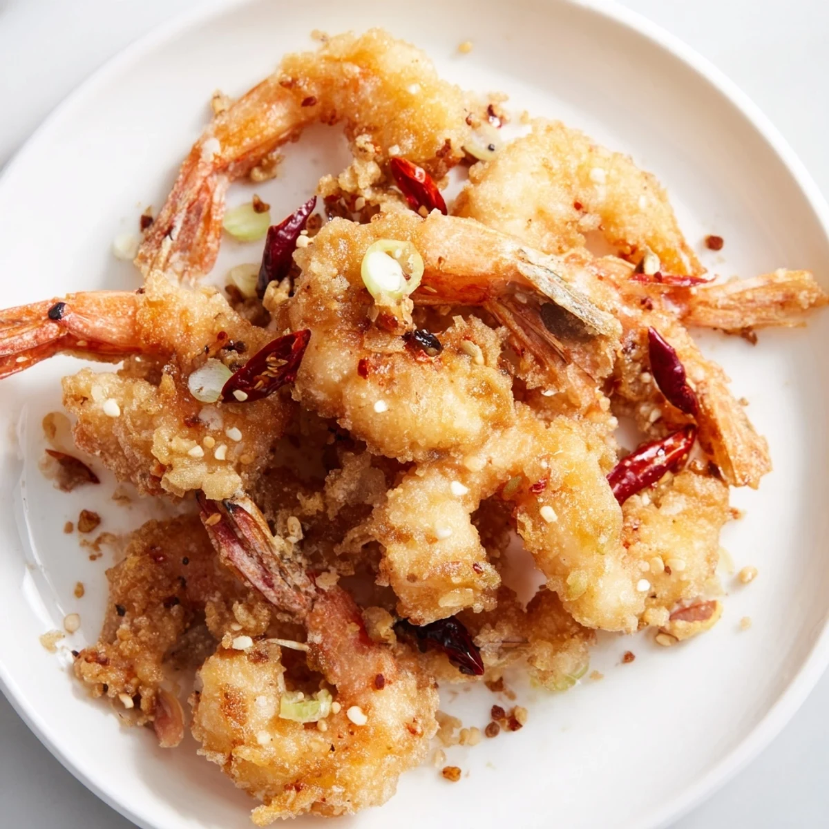 Crispy golden Salt and Pepper Shrimp served on a plate with lemon wedges and fresh scallions, ready to enjoy.  