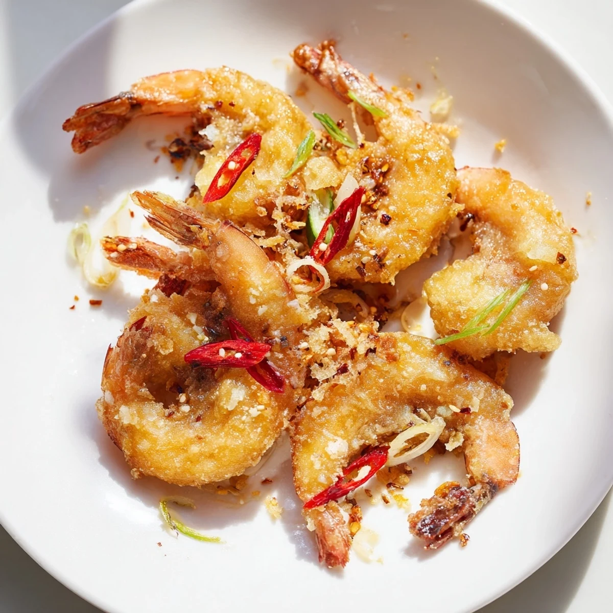 Golden fried Salt and Pepper Shrimp with aromatic garlic, chilies, and scallions piled high beside steamed jasmine rice.  