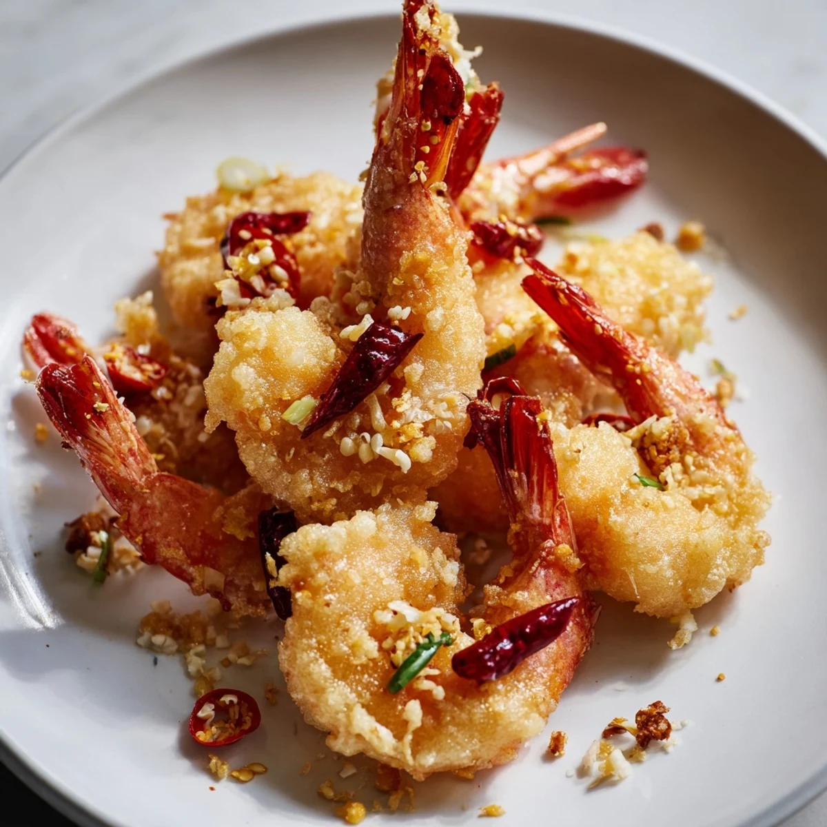 Freshly cooked Salt and Pepper Shrimp glistening with Sichuan pepper and sea salt, paired with lemon for a zesty finish.