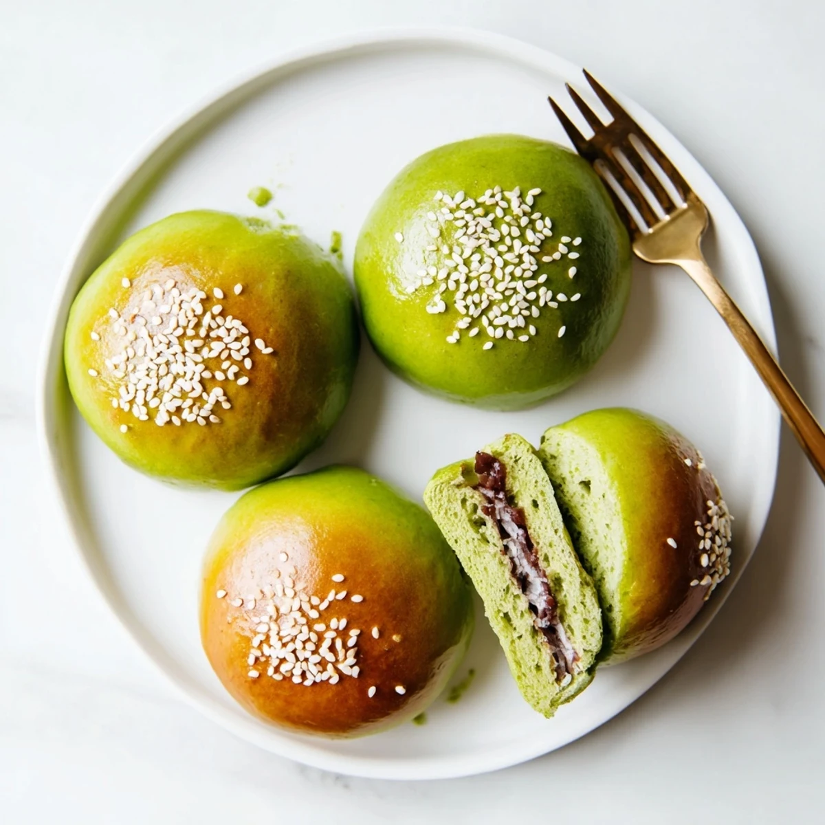 Twelve freshly baked Matcha Red Bean Buns arranged on a rustic wooden board with sesame seeds on top.