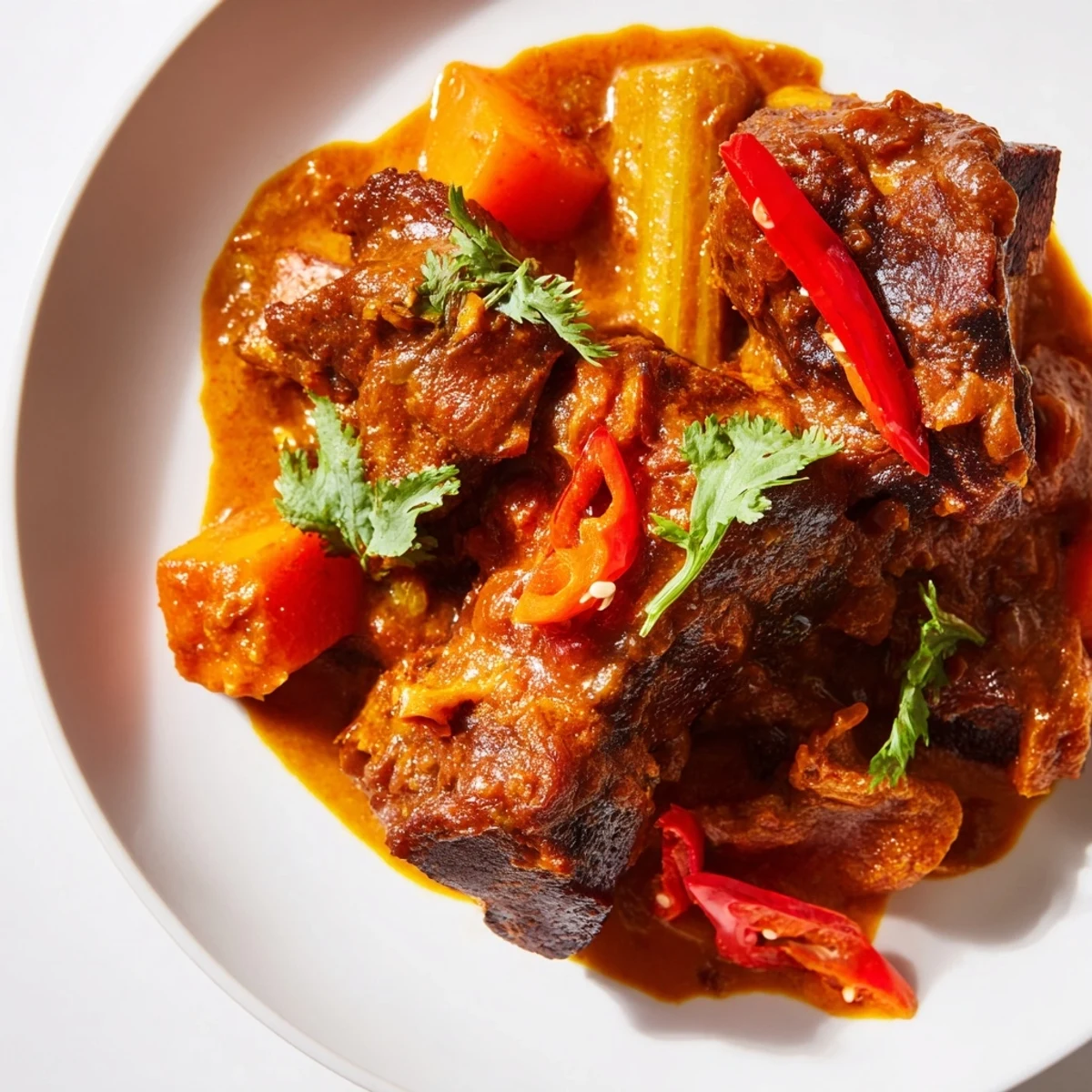 Close-up of tender beef ribs glistening in a fragrant Cambodian Rib Ragu, simmered in coconut milk and spices, served over steamed jasmine rice.