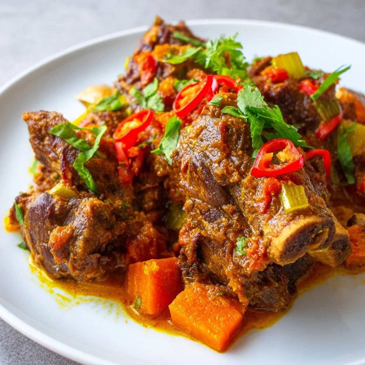 A hearty Cambodian Rib Ragu served in a rustic bowl, garnished with fresh cilantro and red chili, alongside crusty bread for dipping.