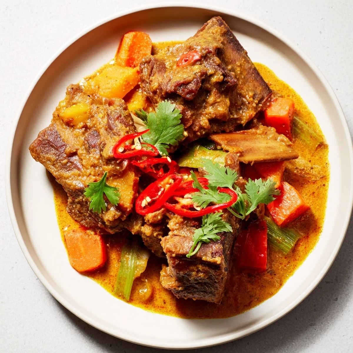 Rich, aromatic broth of Cambodian Rib Ragu with fall-off-the-bone beef ribs, visible chunks of carrot and red bell pepper, steam rising.