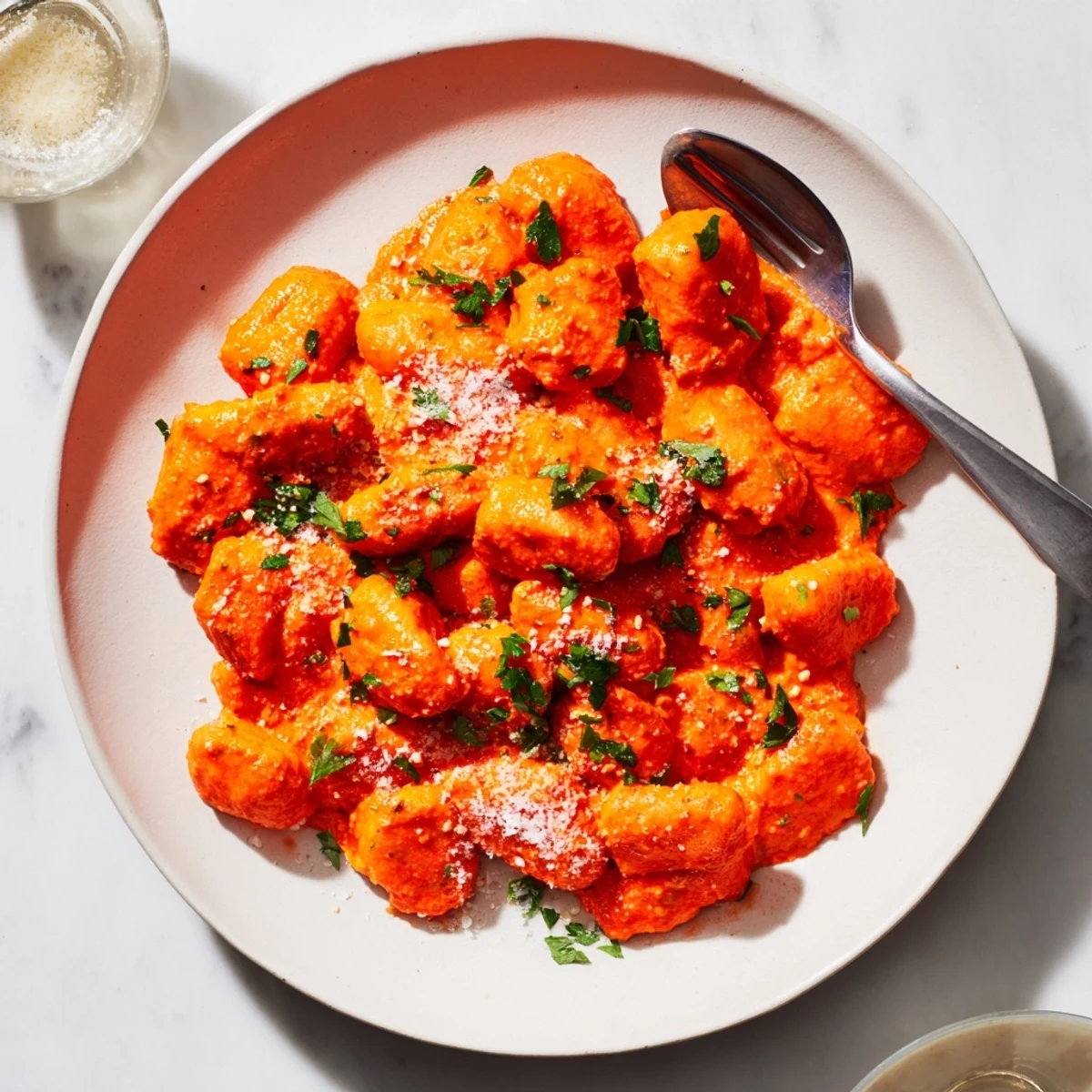 Pillowy potato gnocchi with Quick Romesco Sauce, garnished with parsley and grated cheese on a rustic plate.