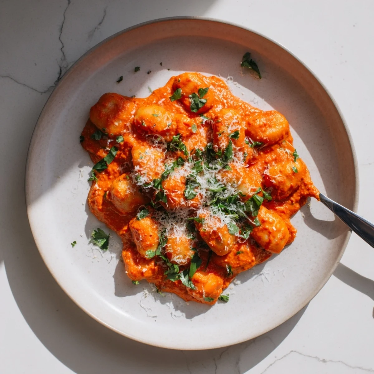 A vibrant bowl of Quick Romesco Gnocchi, featuring tender gnocchi coated in rich, red pepper sauce with almonds.