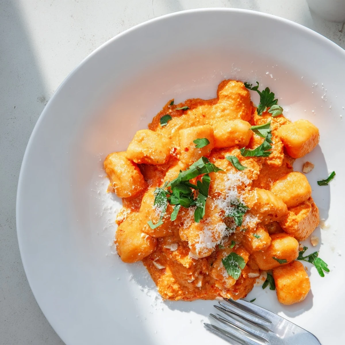A close-up of sautéed gnocchi tossed in a smoky-sweet Romesco sauce, paired with a glass of Spanish Garnacha.