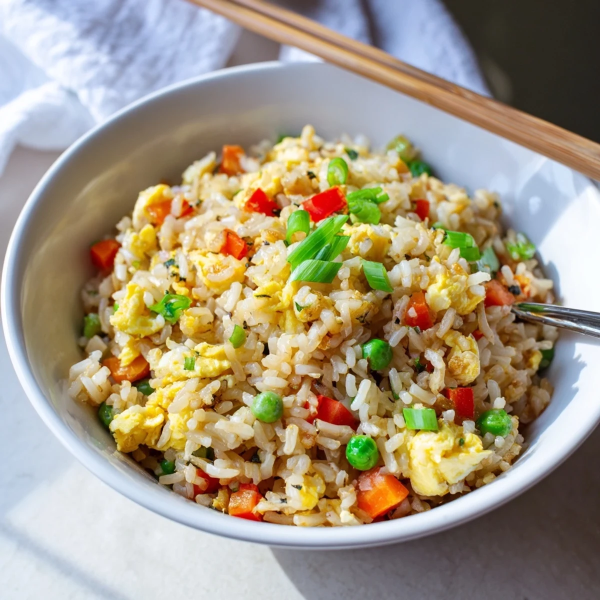 A steaming bowl of classic Fried Rice packed with colorful vegetables and fluffy grains.