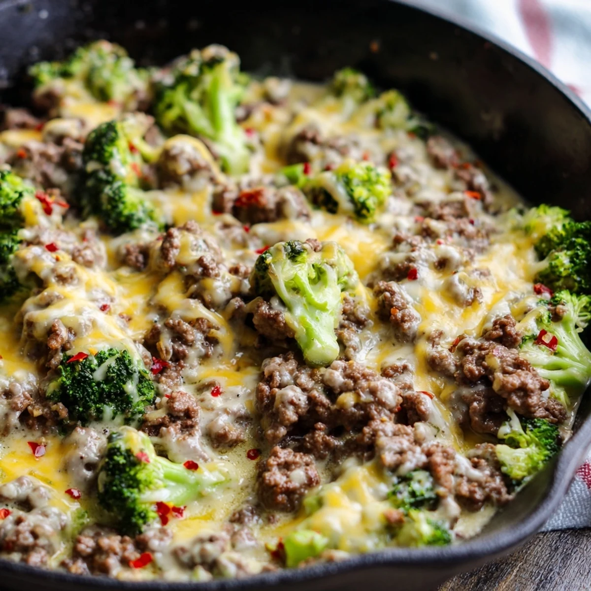 Freshly steamed broccoli florets and seasoned ground beef sizzle together in this one-pan Keto Hamburger Broccoli Skillet meal.