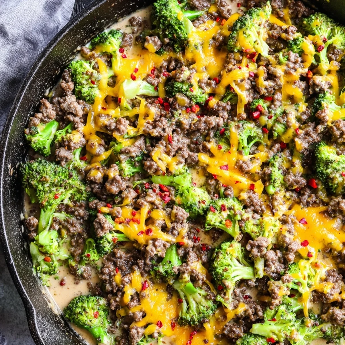 Golden melted cheddar covers a hearty Keto Hamburger Broccoli Skillet in a black cast-iron pan, ready for dinner.