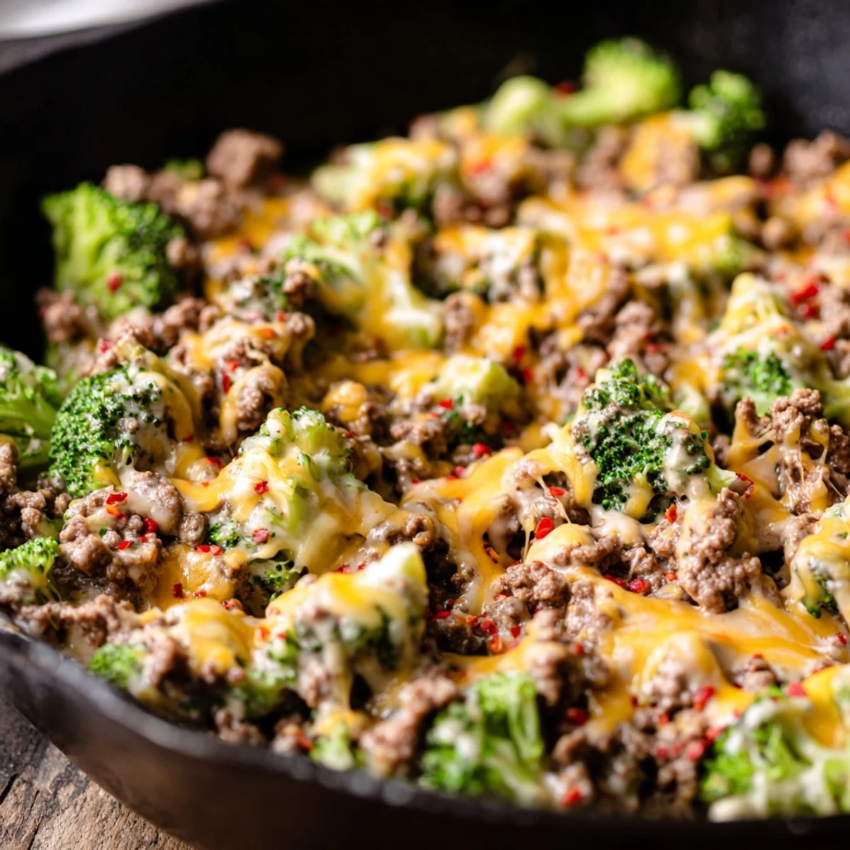 A close-up view shows creamy texture and savory beef in the Keto Hamburger Broccoli Skillet, perfect for weeknights.