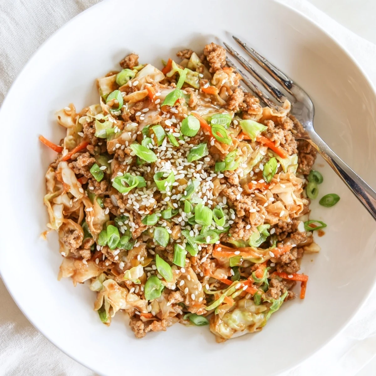Steaming Egg Roll In A Bowl features ground pork, shredded cabbage, and carrots in a savory sesame-ginger sauce.