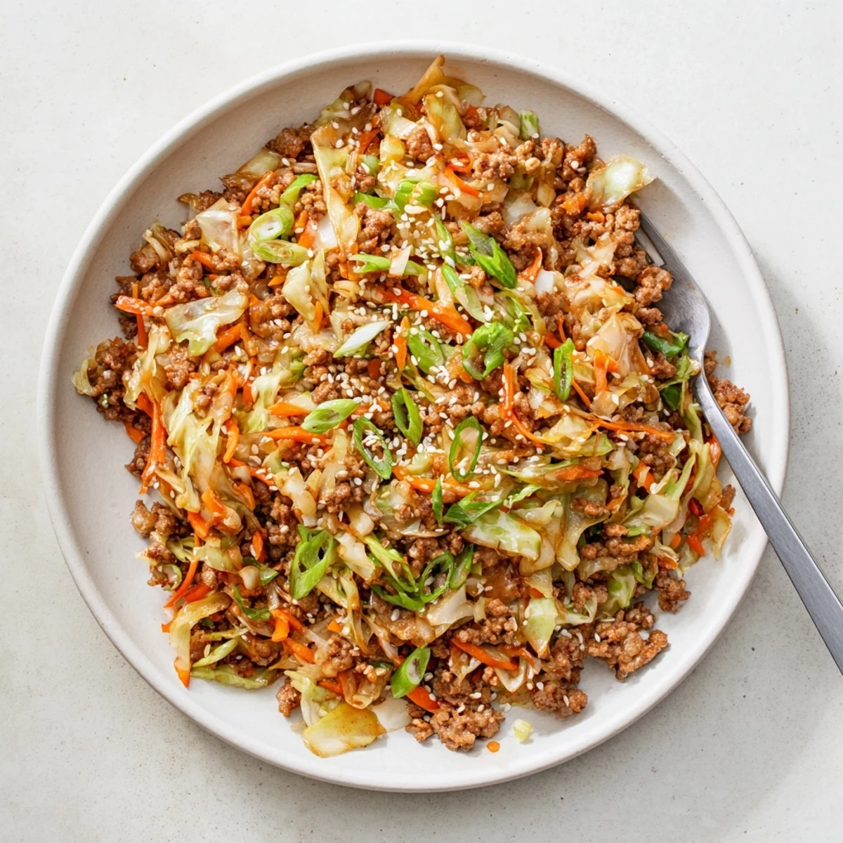 This deconstructed Egg Roll In A Bowl is served hot in a skillet, showcasing tender pork and crisp vegetables.