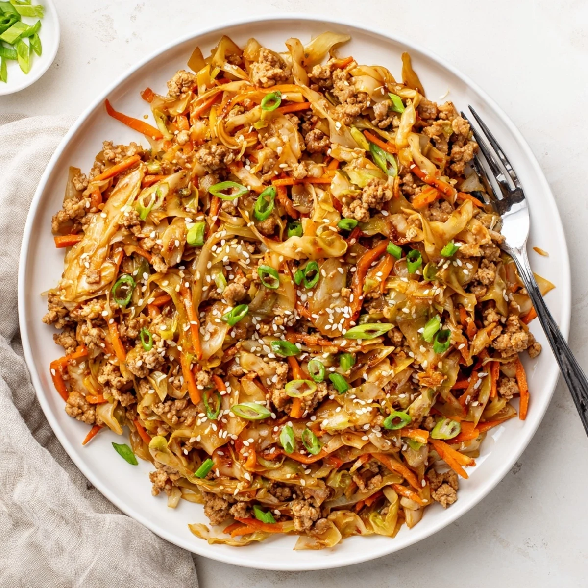 A close-up of a flavorful Egg Roll In A Bowl garnished with green onions, sesame seeds, and a drizzle of sriracha.