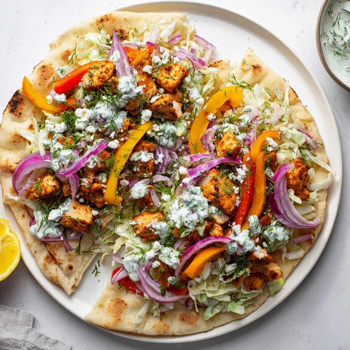 Juicy roasted chicken and vibrant vegetables are tucked into warm pita bread, topped with crisp, herb-packed ranch slaw for a fresh Sheet Pan Chicken Pitas With Fresh Herb Ranch Slaw.