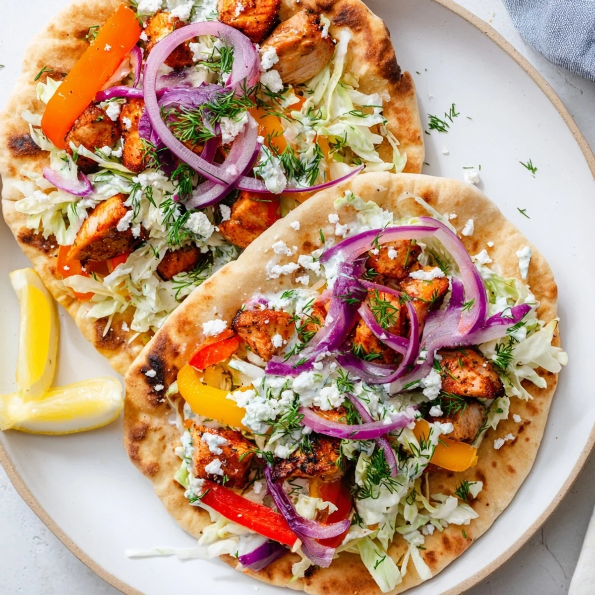 Colorful roasted chicken, peppers, and onions fill a warm pita, garnished with feta and a bright lemon wedge alongside Sheet Pan Chicken Pitas With Fresh Herb Ranch Slaw.