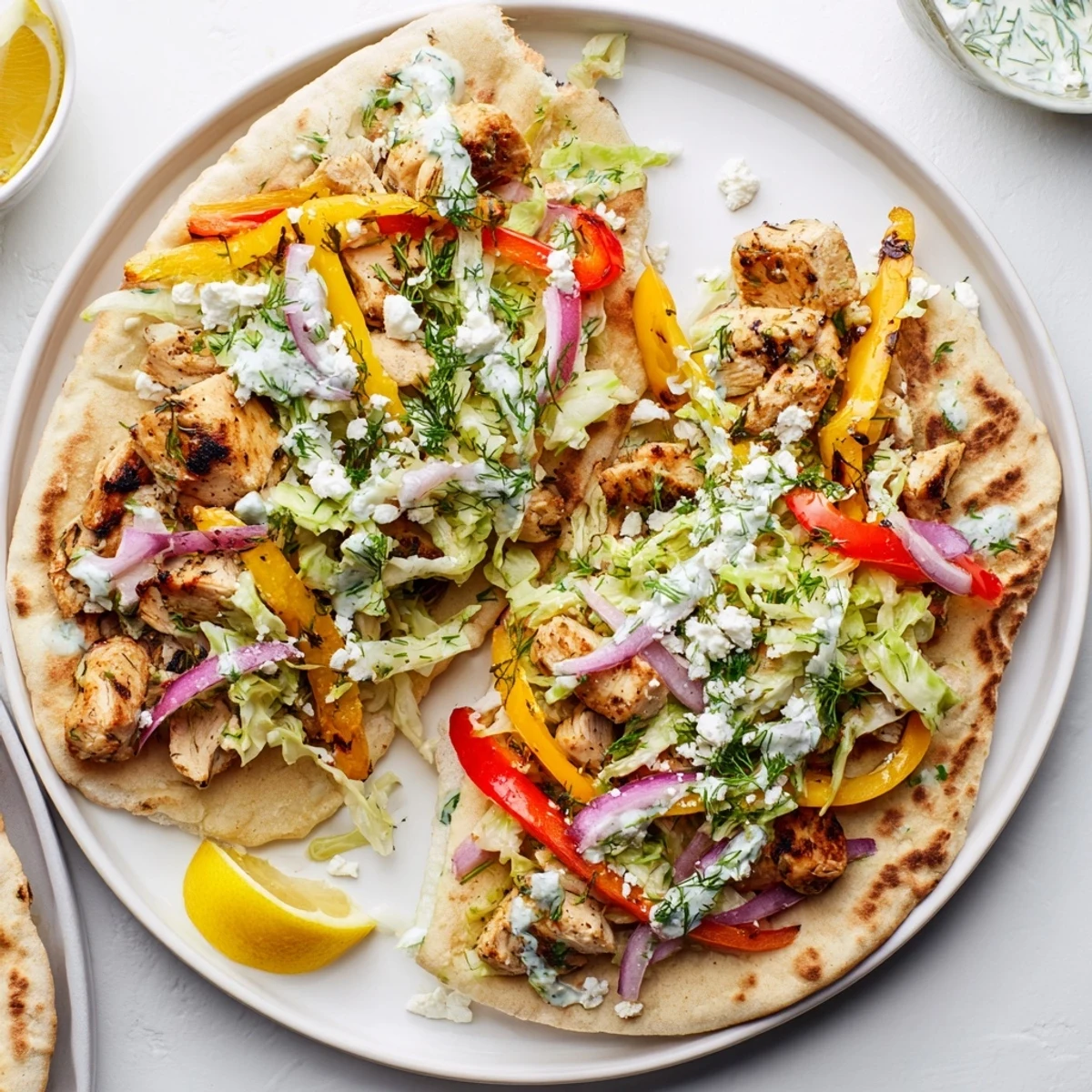 A close-up view of golden-brown roasted chicken and peppers nestled in a pita, with creamy green herb slaw spilling out of this Sheet Pan Chicken Pitas With Fresh Herb Ranch Slaw.