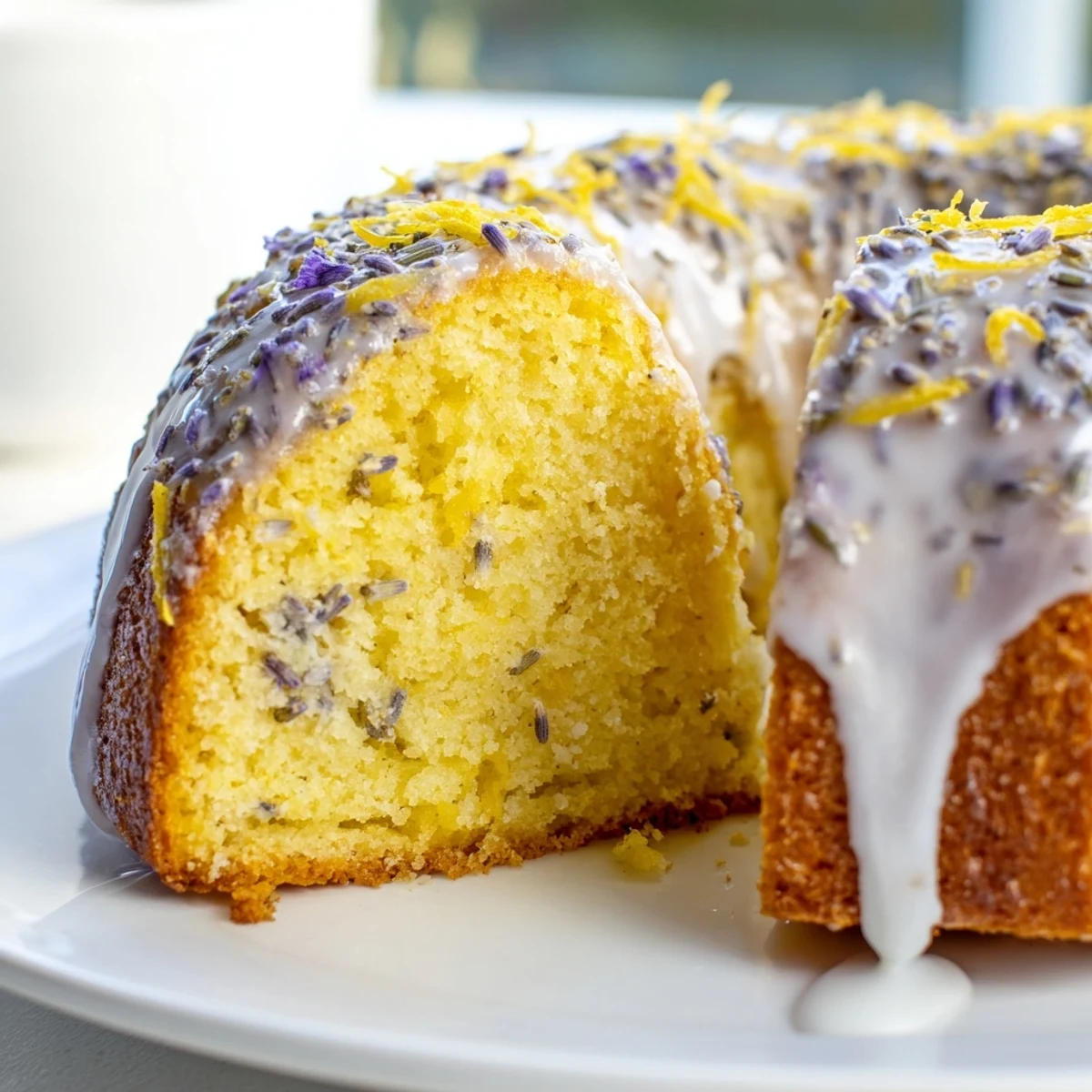 A slice of Lemon Lavender Cake on a plate, drizzled with white glaze and topped with fresh lemon slices and lavender sprigs.
