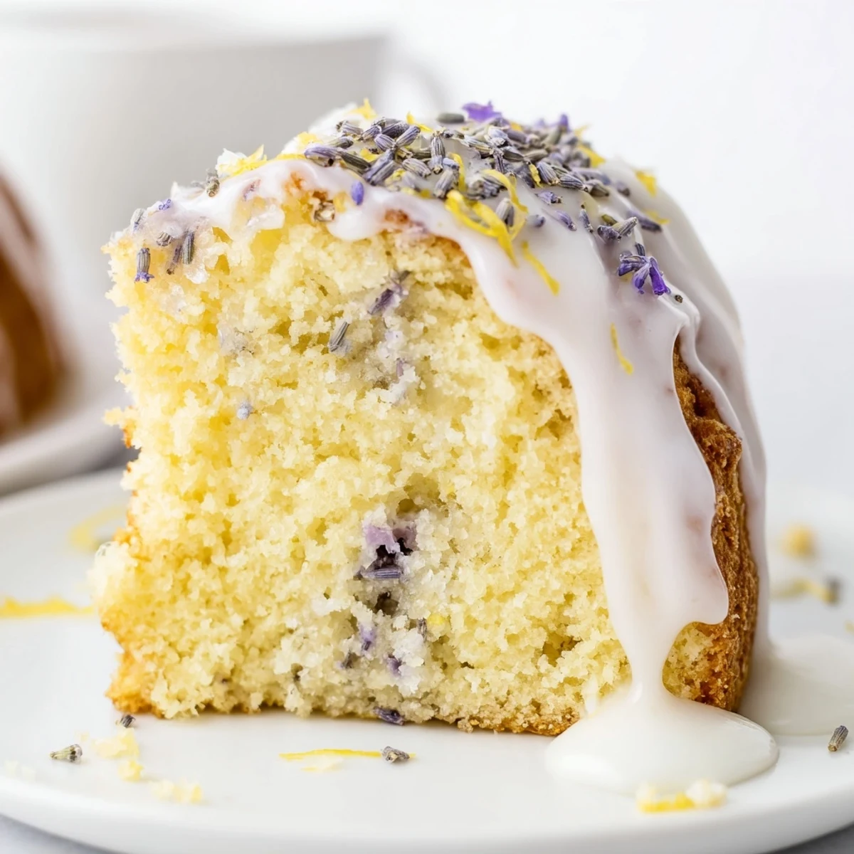 A close-up view of Lemon Lavender Cake showing a tender crumb texture with zesty lemon glaze and edible lavender garnish.