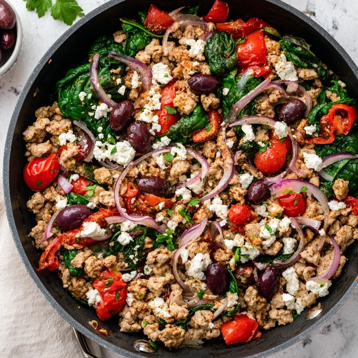 Sizzling Mediterranean Keto Skillet with Ground Chicken, Olives & Feta topped with crumbled feta and vibrant red peppers in a rustic pan.