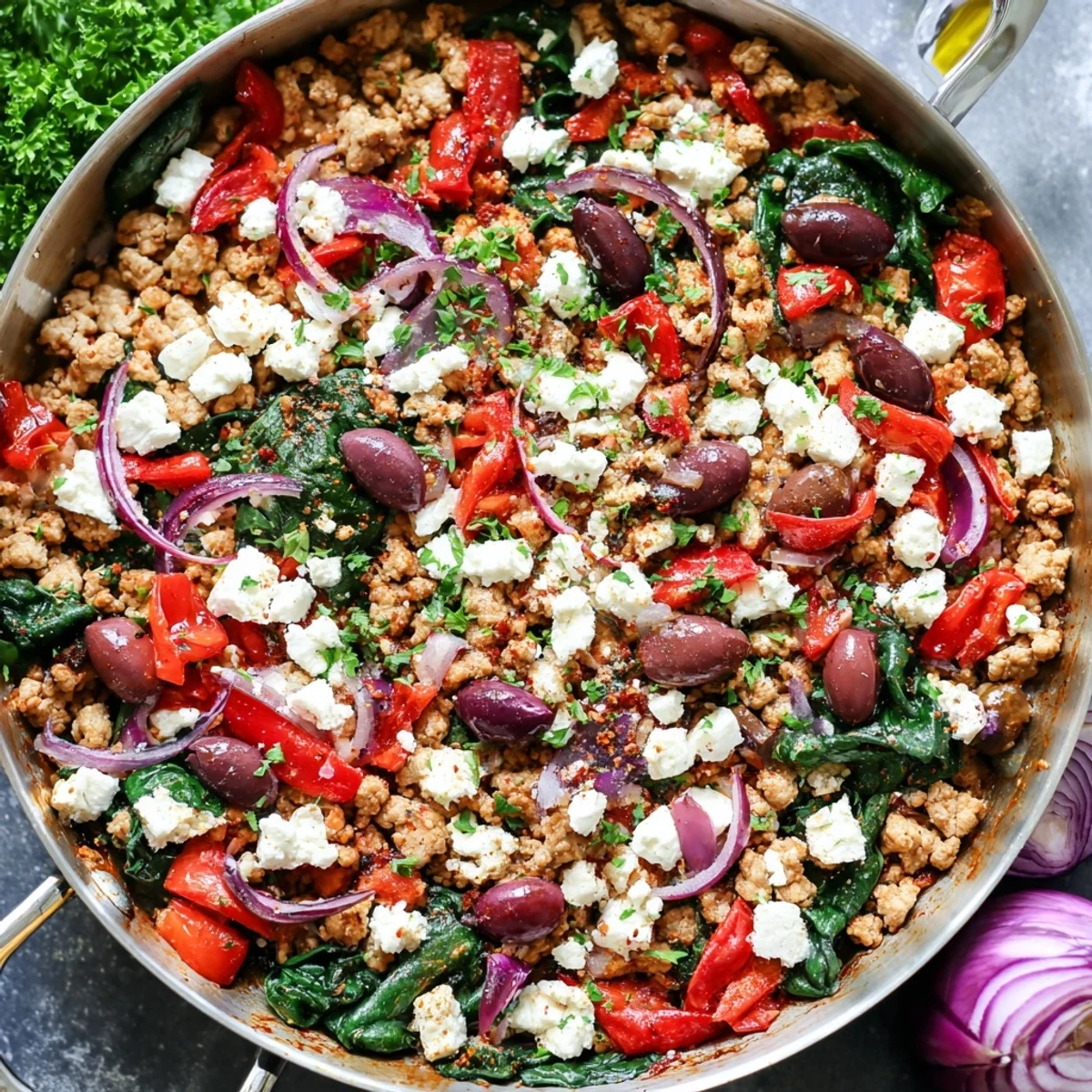 Hearty Mediterranean Keto Skillet with Ground Chicken, Olives & Feta garnished with parsley, ready to serve alongside a low-carb side dish.