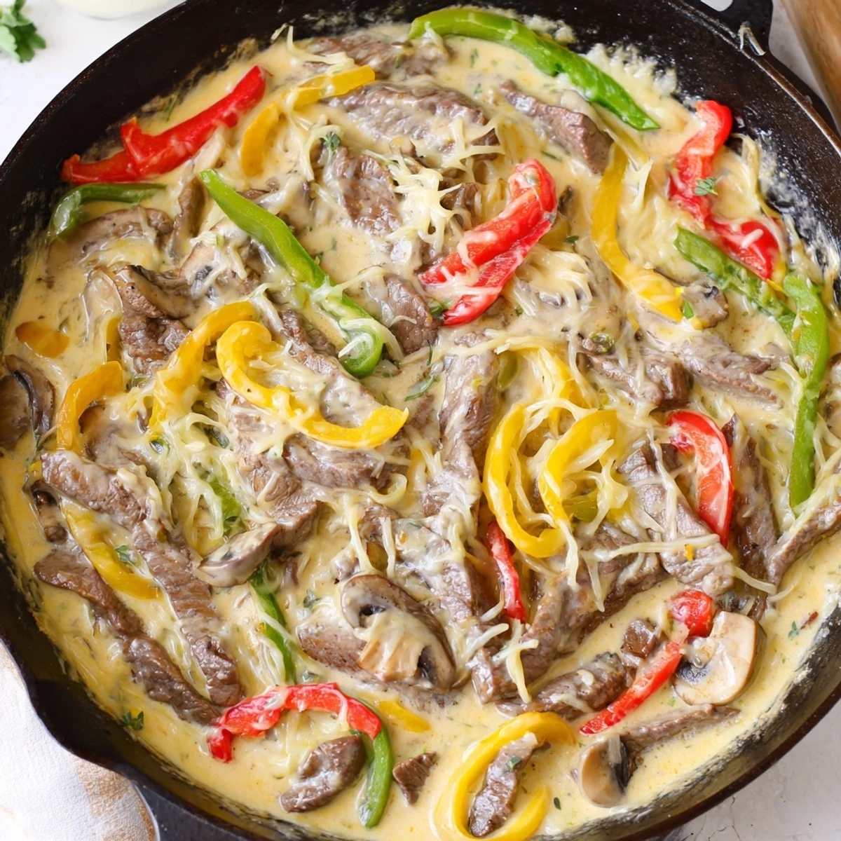 A close-up of the Creamy Keto Philly Cheesesteak Skillet, showing tender beef and colorful peppers under melted provolone cheese.