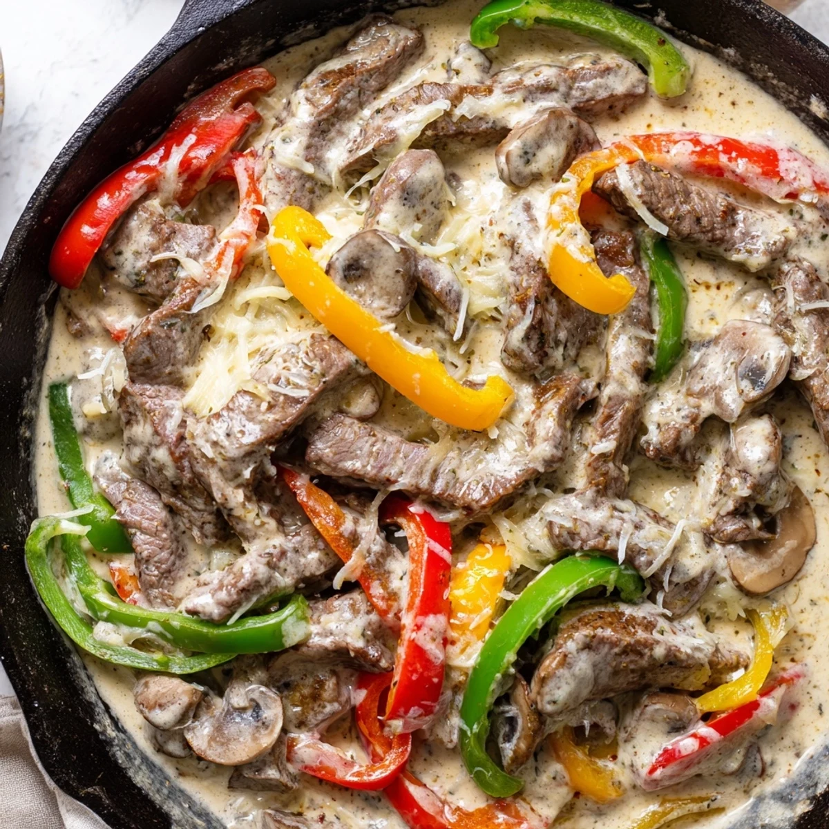 A hearty serving of Creamy Keto Philly Cheesesteak Skillet on a white plate, garnished with fresh herbs and ready to eat.