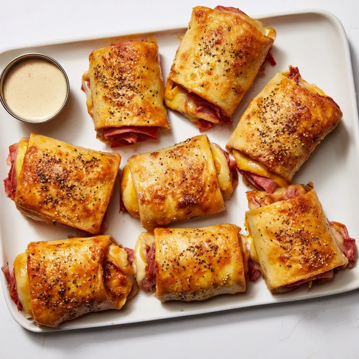 A close-up of Keto Crispy Reuben Roll Ups, golden and baked with melted Swiss cheese and corned beef on a rustic plate.  