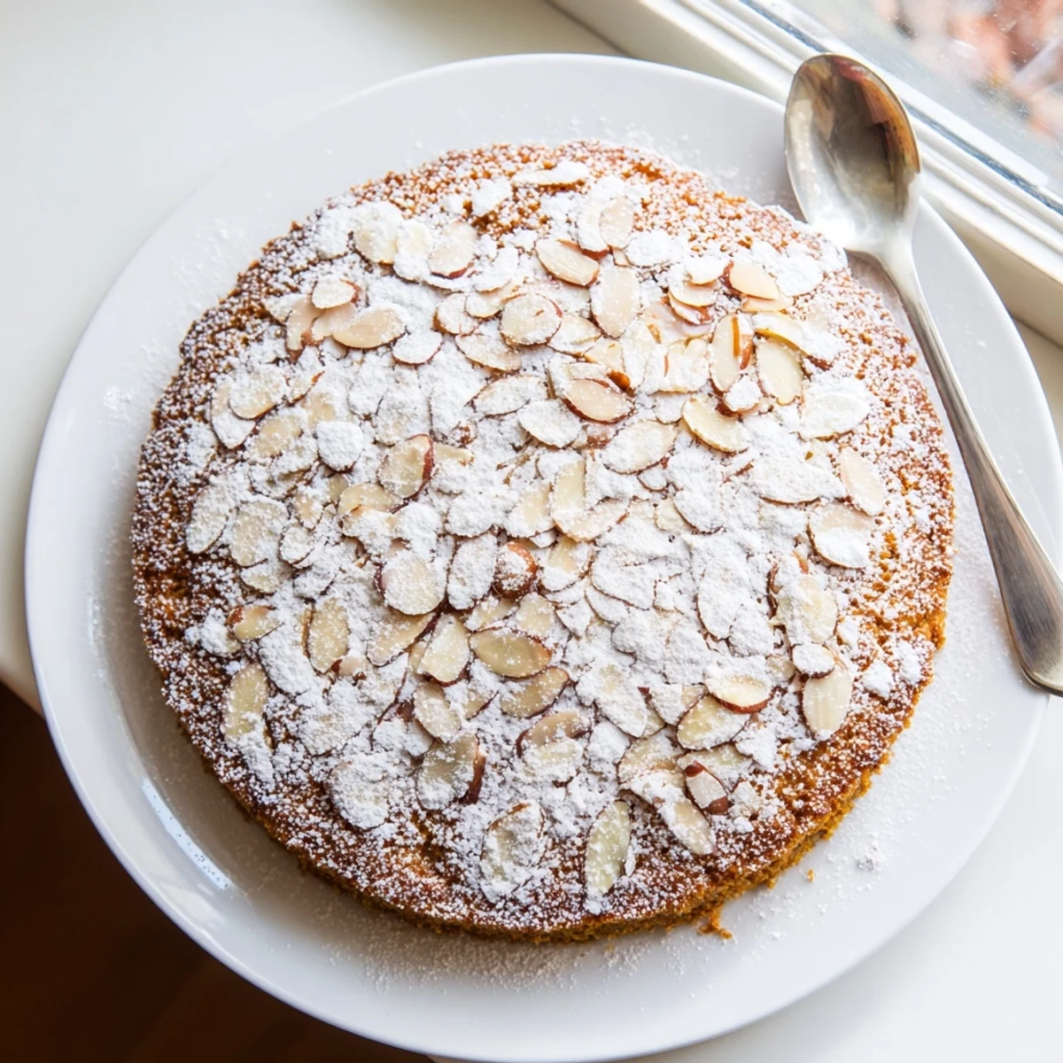 A slice of moist Almond Cake on a white plate, showing tender crumb, topped with berries and a dollop of whipped cream.