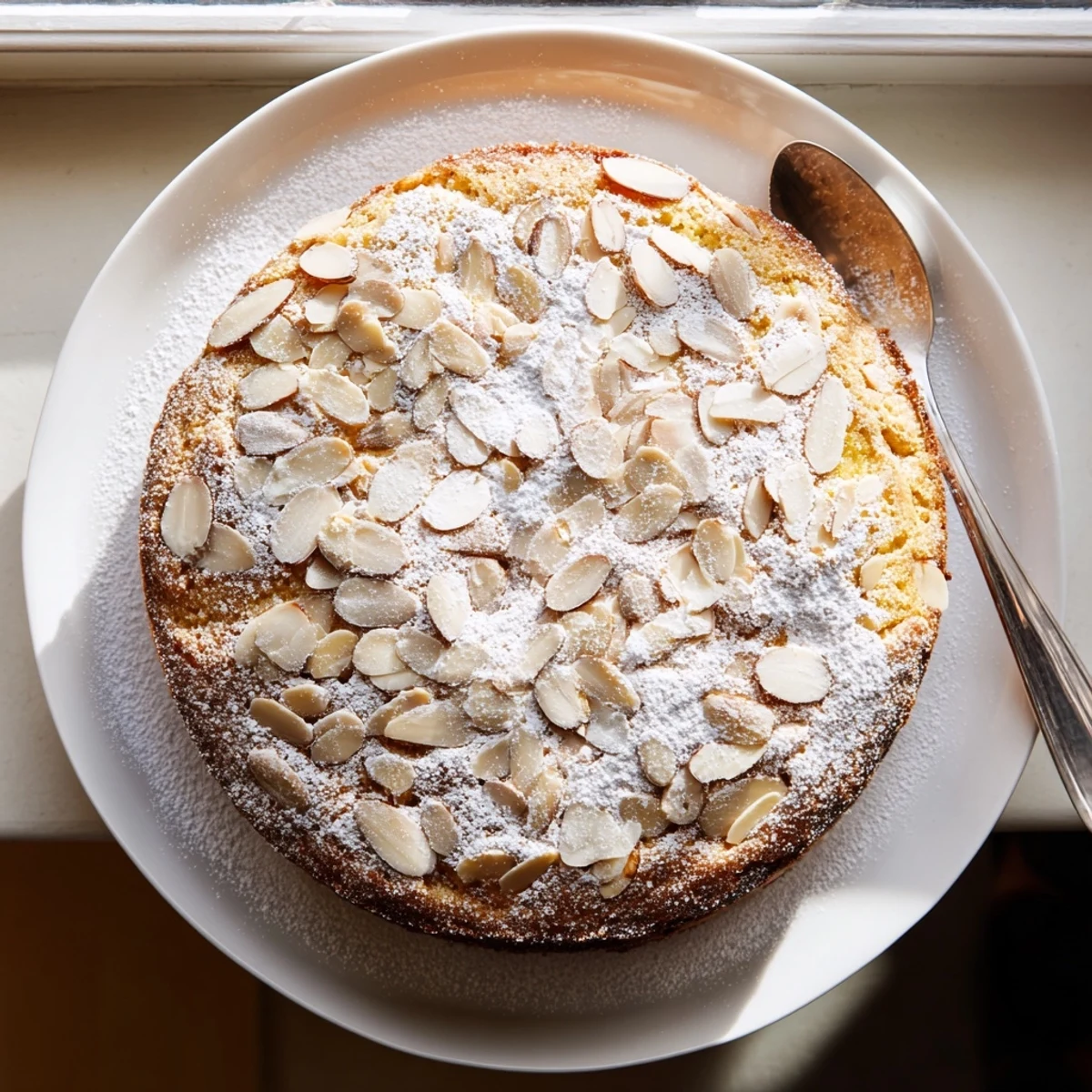 Whole Almond Cake cooling on a wire rack with a tea cup nearby, perfect for an afternoon dessert in American home kitchens.