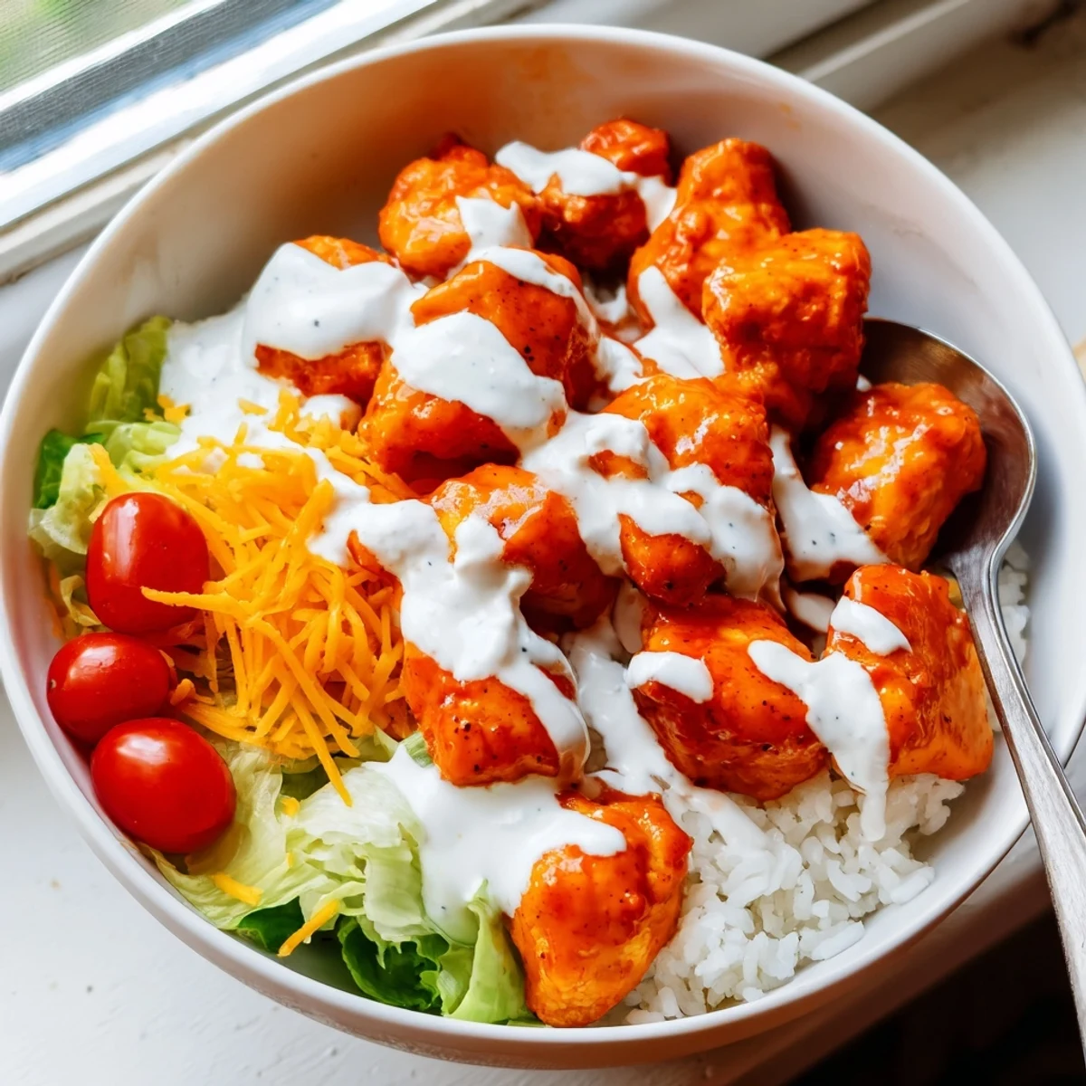 A hearty bowl of spicy buffalo chicken, creamy ranch, crunchy carrots, and shredded cheddar cheese served over warm rice.