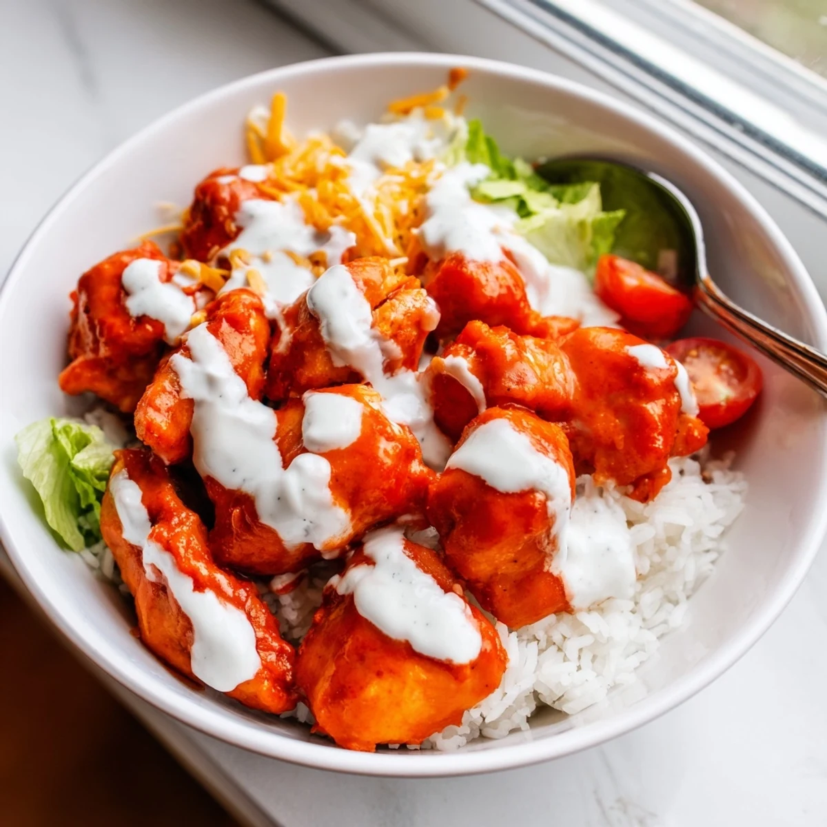 Golden buffalo chicken pieces are nestled over fluffy rice, topped with crisp lettuce, tomatoes, and a drizzle of cool ranch.