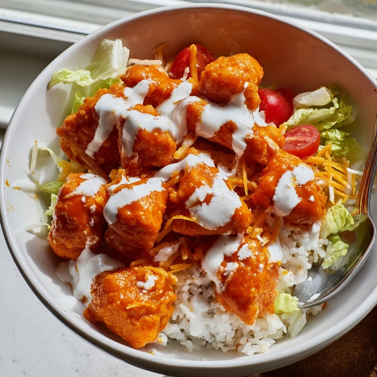 Close-up of a colorful Buffalo Chicken Bowl garnished with green onions and blue cheese, ready for a satisfying gluten-free dinner.