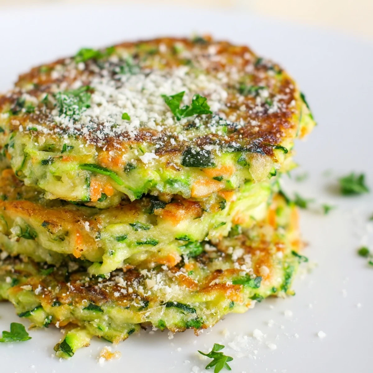Golden-brown Crispy Easy Zucchini Fritters sizzling in a skillet, served with creamy tzatziki dip.