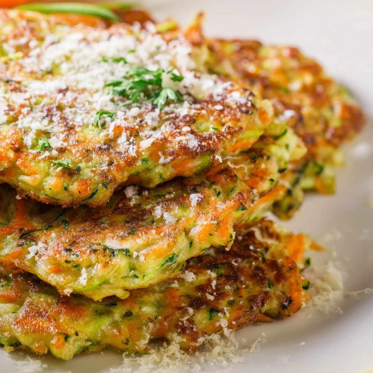 Homemade Crispy Easy Zucchini Fritters stacked high, featuring a crunchy exterior and tender interior.