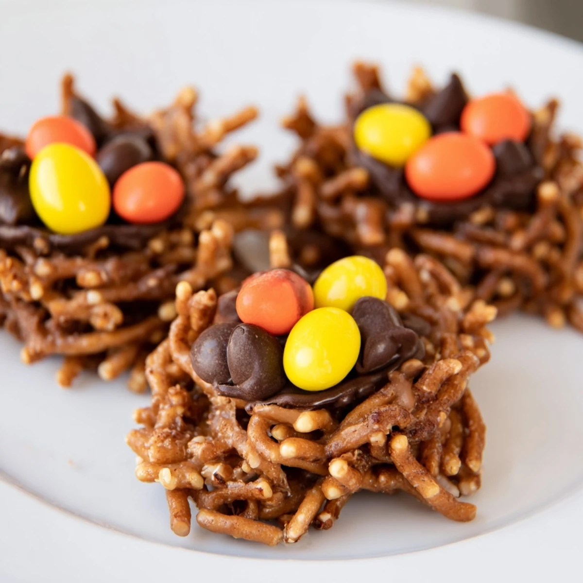 A close-up of Easter Birds Nest Cookies with Peanut Butter and Chocolate, showing the crunchy chow mein noodle texture and candy eggs in each nest, ready for a spring party.
