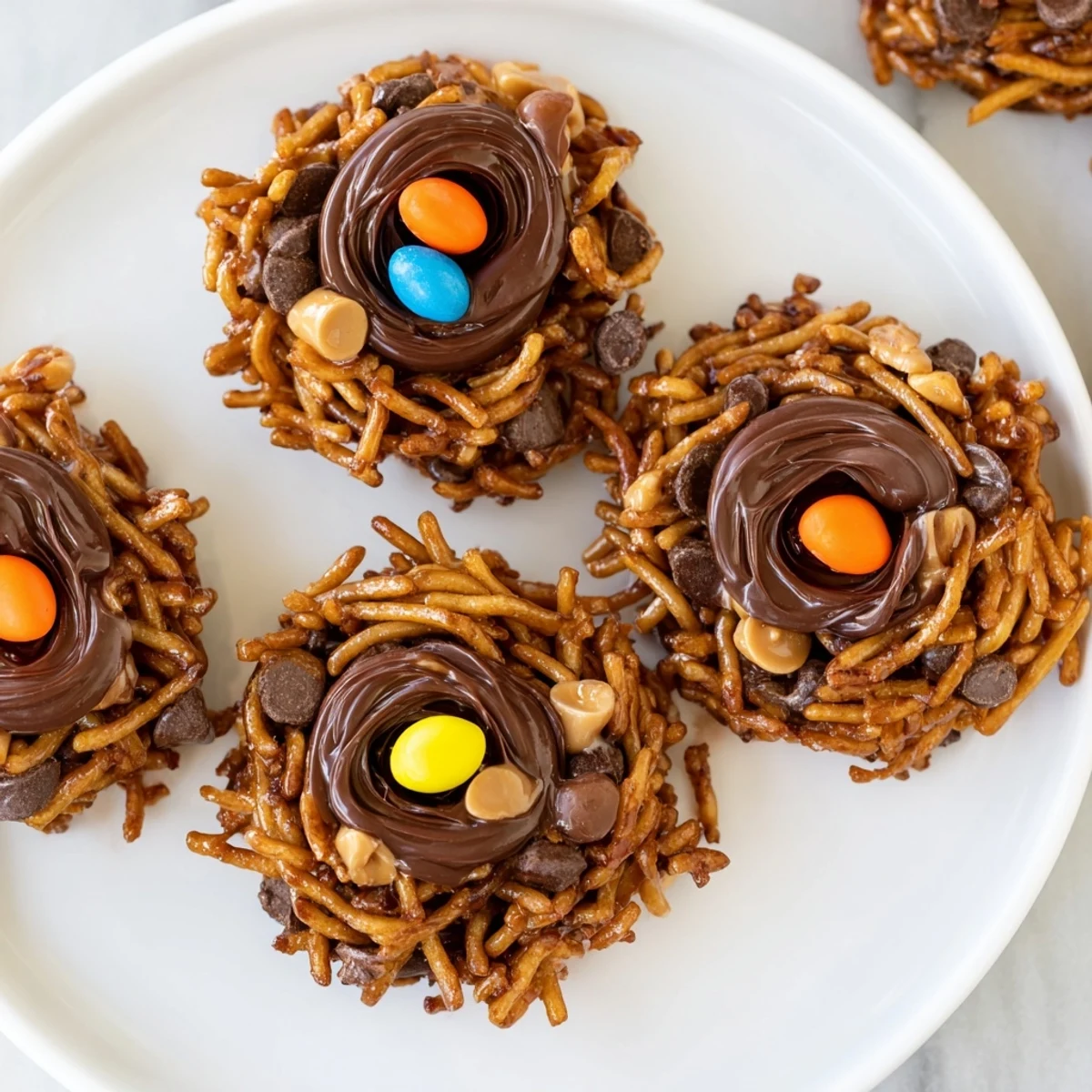 On a pastel plate, these Easter Birds Nest Cookies with Peanut Butter and Chocolate gleam with melted chocolate and butterscotch, a sweet no-bake treat for family gatherings.